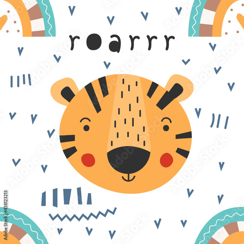 Animals pattern baby textile designs. Print your own kids fabric vector illustration. Cute tiger and rainbow.