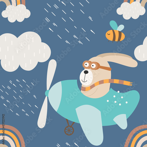 Forest animals seamless repeat kids pattern. Wallpaper design for nursery room. Cute bunny pilot on airplane vector illustration.