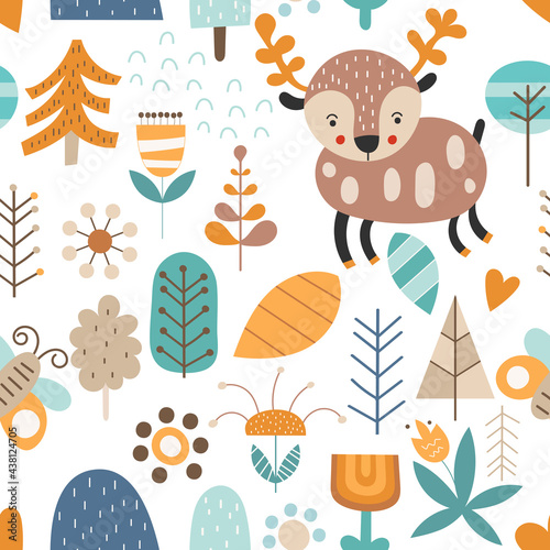 Scandinavian pattern kids nursery wall art. Woodland animals vector illustration. Cute deer and scandi forest elements on white background.