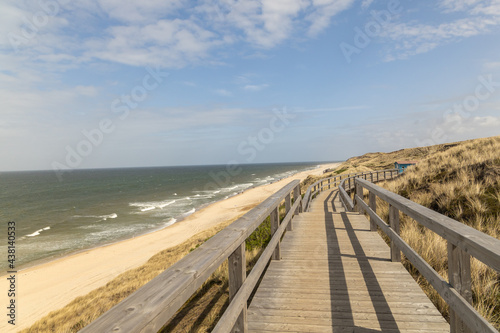 a wooden jetty on a deserted beach in germany. a blue sky with yellow sand and the sea in the background. 