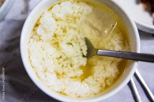 Light green tea water rice with rice in green tea water, Korean traditional food,