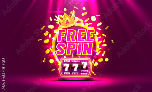 Casino free spin 777 label frame, golden banner, border winner, Vegas game. Vector