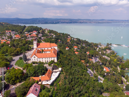 Aerial view of the city of Tihany and the abbey of Tihany, in the background the lake Balaton, in the Balaton upland