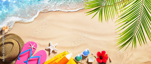 Beach Accessories On Tropical Sand And Seashore - Summer Vacations