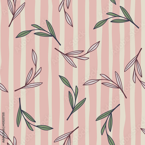 Hand drawn seamless botanic pattern with outline leaves shapes. Pink striped background. Nature print.