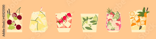 Set of cocktails in short glasses. Banner with summer refreshing beverages. Vector illustration of stylized drinks with decorations. Banner with soft and alcohol drinks.