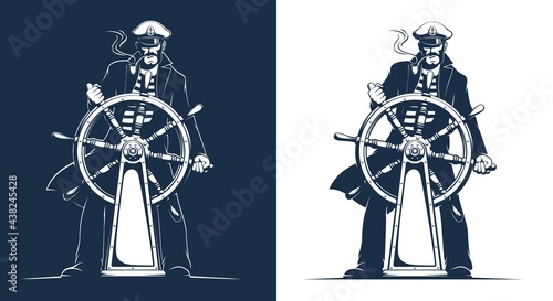 Captain in uniform at the helm of the ship. Helmsman at ship wheel. Vector illustration.