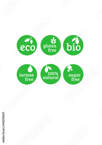 oznaczenia eco, fluten free, bio, lactose free, natural, sugar free