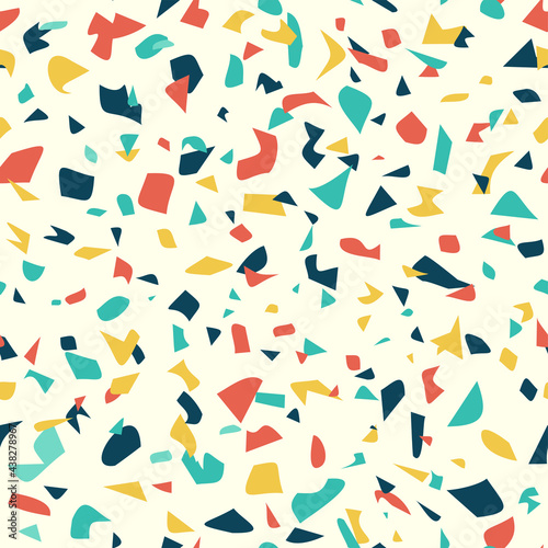 Confetti background in seamless repeating wallpaper pattern, colorful vector for graduation or birthday party designs, blue orange yellow teal and gold colors in abstract mosaic shapes