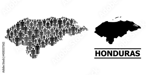 Map of Honduras for social propaganda. Vector nation collage. Collage map of Honduras constructed of guy icons. Demographic scheme in dark grey color tints.