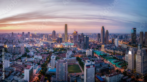 Aerial photography of Tianjin city building skyline night view