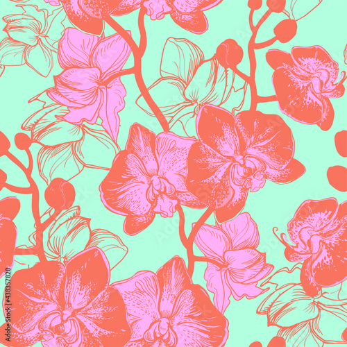 Fresh spring summer seamless pattern with orchids drawn by hand flowers. Tropical botanical floristic manual graphic on background. Design and printing, wallpaper, posters, textile, fabric.