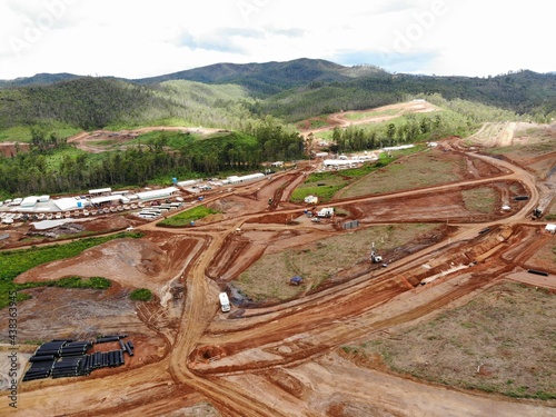 Aerial view of construction of Bento Rodrigues city, Minas Gerais, Brazil. Earthworks and land clearing work for city construction