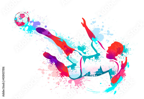 Football player with ball. Silhouette of a football player with a ball in grunge style, with the imposition of various textures in the form of splashes, spots, blots