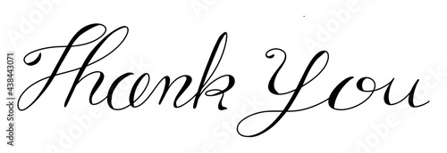 Black color handwriting in word thank you on white background