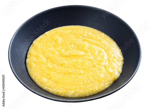 cooked cornmeal porridge in gray bowl isolated