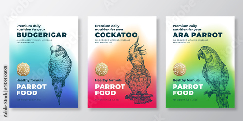 Pet Bird Food Product Label Templates Set. Abstract Vector Packaging Design Layouts. Modern Typography Banners with Hand Drawn Budgerigar, Ara and Cockatoo Parrots Sketch Backgrounds Collection