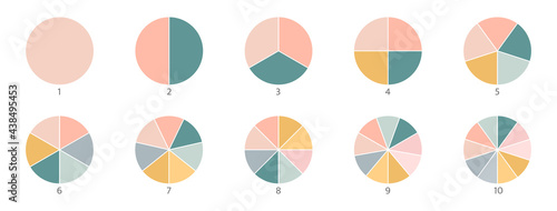 Pie chart color icons. Segment slice sign. Circle section graph. 1,2,3,4,5 segment infographic. Wheel round diagram part symbol. Three phase, six circular cycle. Geometric element. Vector illustration