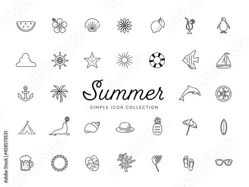 夏のシンプルな線画アイコンセット / ビーチ、海、自然、動物、花、果物 / モノクロ