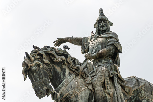 Close-up of King Jaume I the Conqueror, equestrian sculpture made in bronze by Agapito Vallmitjana in 1891. Valencia, Spain