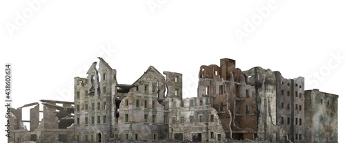 Ruined city building isolated on white 3d illustration