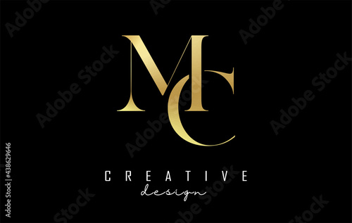 Golden MC m c letter design logo logotype concept with serif font and elegant style. Vector illustration icon with letters M and C.