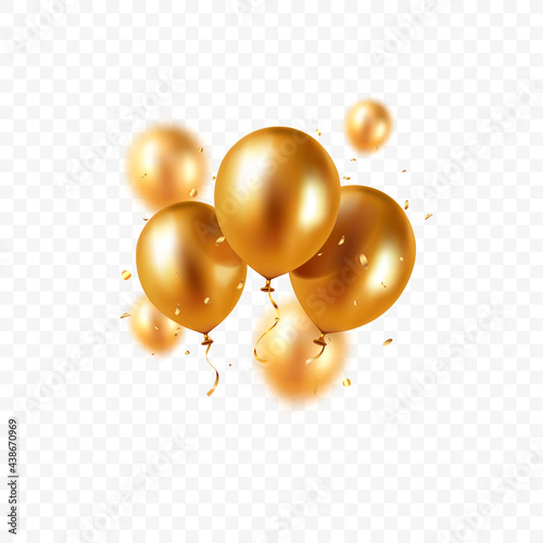 Realistic floating vector balloons isolated on transparent background. Design element gold colored balloons and glittering confetti for greeting card or party invitation.