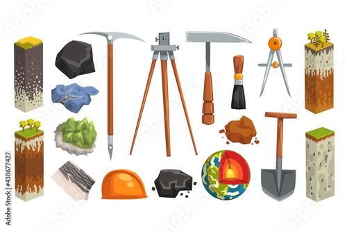 Geology and Earth Exploration Related Symbols Set, Globe Structure, Soil Layers, Geological Tools Vector Illustration