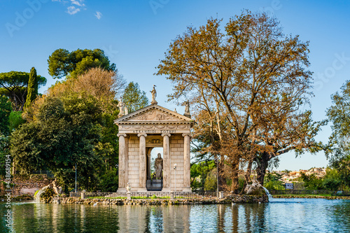 Temple of Aesculapius on the grounds of the gardens of Villa Borghese, built in the ionic style between 1785 and 1792 by Antonio Asprucci and son Mario Asprucci in Rome, Lazio, Italy