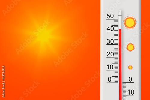 Celsius scale hermometer shows plus 42 degrees . Yellow sun in red sky. Summer heat