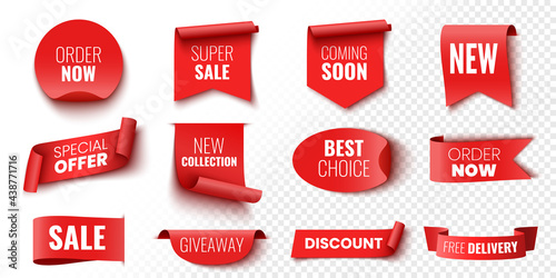 Best choice, order now, special offer, new collection, free delivery sale banners. Red ribbons, tags and stickers. Vector illustration.