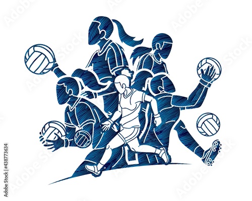 Group of Gaelic Football Female Players Sport Action Cartoon Graphic Vector