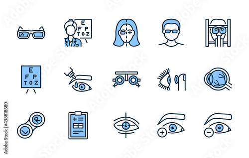 Ophthalmology flat line icon set blue color. Vector illustration vision treatment. Examination in an ophthalmological clinic. Editable strokes
