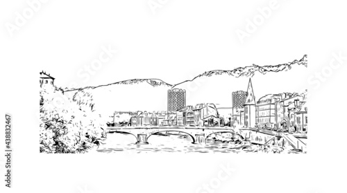 Building view with landmark of Grenoble is the city in France. Hand drawn sketch illustration in vector.
