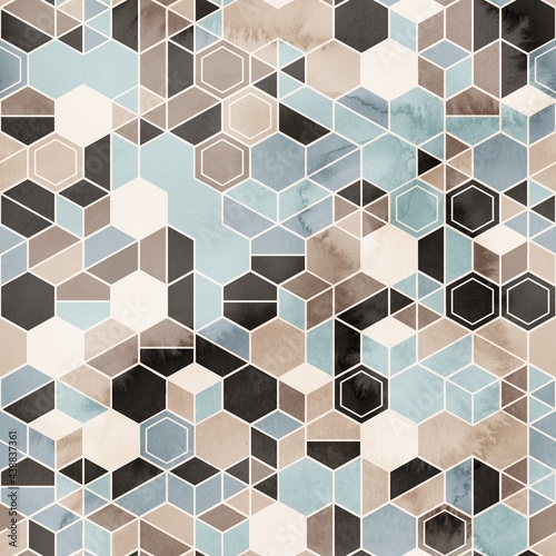 Seamless grungy hexagon pattern isometric geometry net print. High quality illustration. Minimal tech grid layout. Detailed intricate trendy graphic for surface design and print.