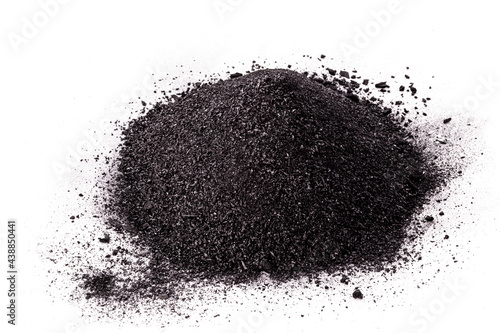 graphite powder used in industry, black powder with isolated white background and copy space.