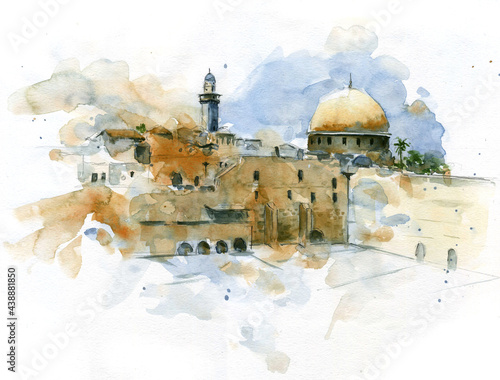 Watercolor drawing colorful sketch Jerusalem