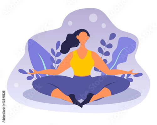 vector hand drawn illustration of a girl meditating in the lotus position. relaxation, yoga and rest. trending flat illustration for websites, magazines and apps