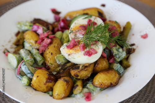 lukewarm salad with fried potatoes, green asparagus, cucumber, diced onion and egg seasoned with dill