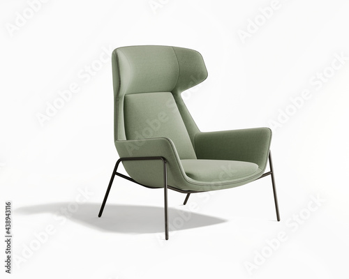 3d rendering of an isolated modern sage green mid century cosy lounge wingback armchair 