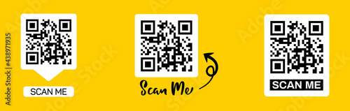 Scan qr code icon. Quick response code or QR code set for smartphone. QR code for mobile app, payment and website. Scan me phone tag.