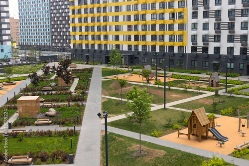 Modern apartment buildings in a green residential area in the city