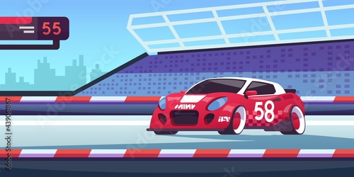 Car race. Cartoon sport competition with fast automobile on start line. High-speed bolide driving on road. Professional transport racing. Formula One championship. Vector illustration