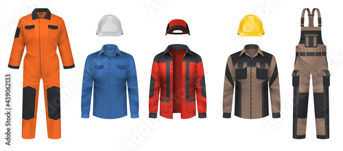 Realistic workwear. Overall uniform clothes. Jacket and helmet. Comfortable protective coveralls. Plumber and mechanic clothing. Professional outfit for workman. Vector garment set