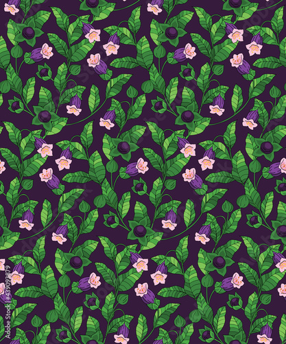 Floral print with medieval motifs. Seamless pattern with belladonna bush: delicate flowers, lush foliage and poisonous black berries on continuous vines. Vector illustration on a dark background.