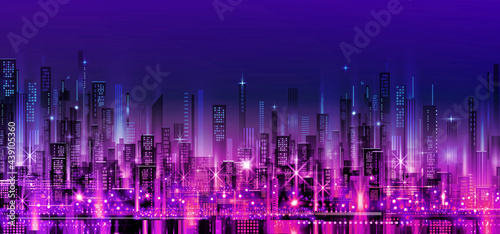 Night city skyline. Background with architecture, skyscrapers, megapolis, buildings, downtown.