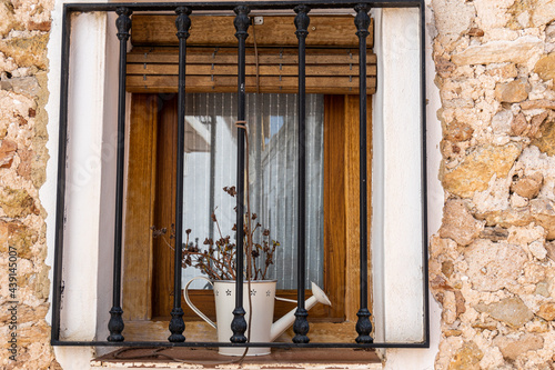 Wooden window, with a metal grill, and adorned with a small watering can with plants.