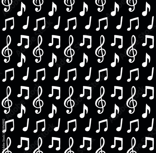 Vector seamless pattern of white hand drawn doodle sketch music notes silhouette isolated on black background