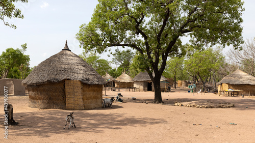 Traditional northern Ghana grass hut bush village Africa. Northern region of Ghana. Rural traditional mud and straw huts and buildings. Poverty economy. African tribal and native homes.