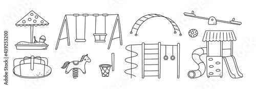 Hand drawn children playground objects. Swing, slide, teeter and sandbox in doodle style. Kid drawing of play ground elements. Vector illustration on white background. Editable stroke.